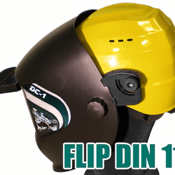 Careta de soldar DC-1 FLIP con ventana abatible + cristal inactínico + casco de obra